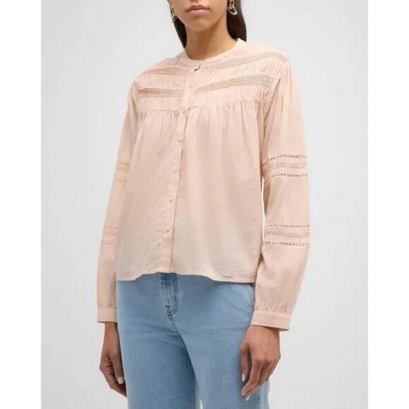 💕XIRENA💕 Allie Shirred Lace-Inset Cotton Shirt ~ Sepia Large NWT - Picture 7 of 16